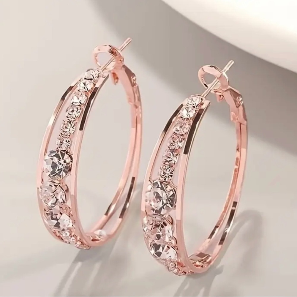 Womens Rhinestone Circle Drop Earrings Dazzling Fashion Jewelry Rose Golden NWOT